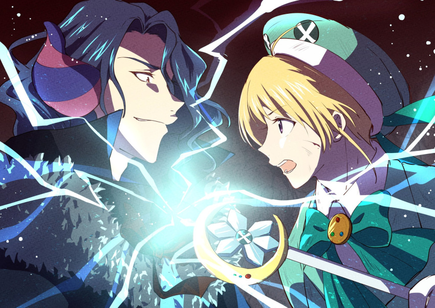 2boys ahoge asselin_bb_ii black_hair blonde_hair bow fur_trim gloves green_headwear hat highres horns idolmaster idolmaster_side-m kirameki_no_mahou_nozomira_melody magical_boy male_focus multiple_boys open_mouth pierre_(idolmaster) sailor_hat striped_horns upper_body wand wavy_hair white_gloves yasuko_(ysk24tb)