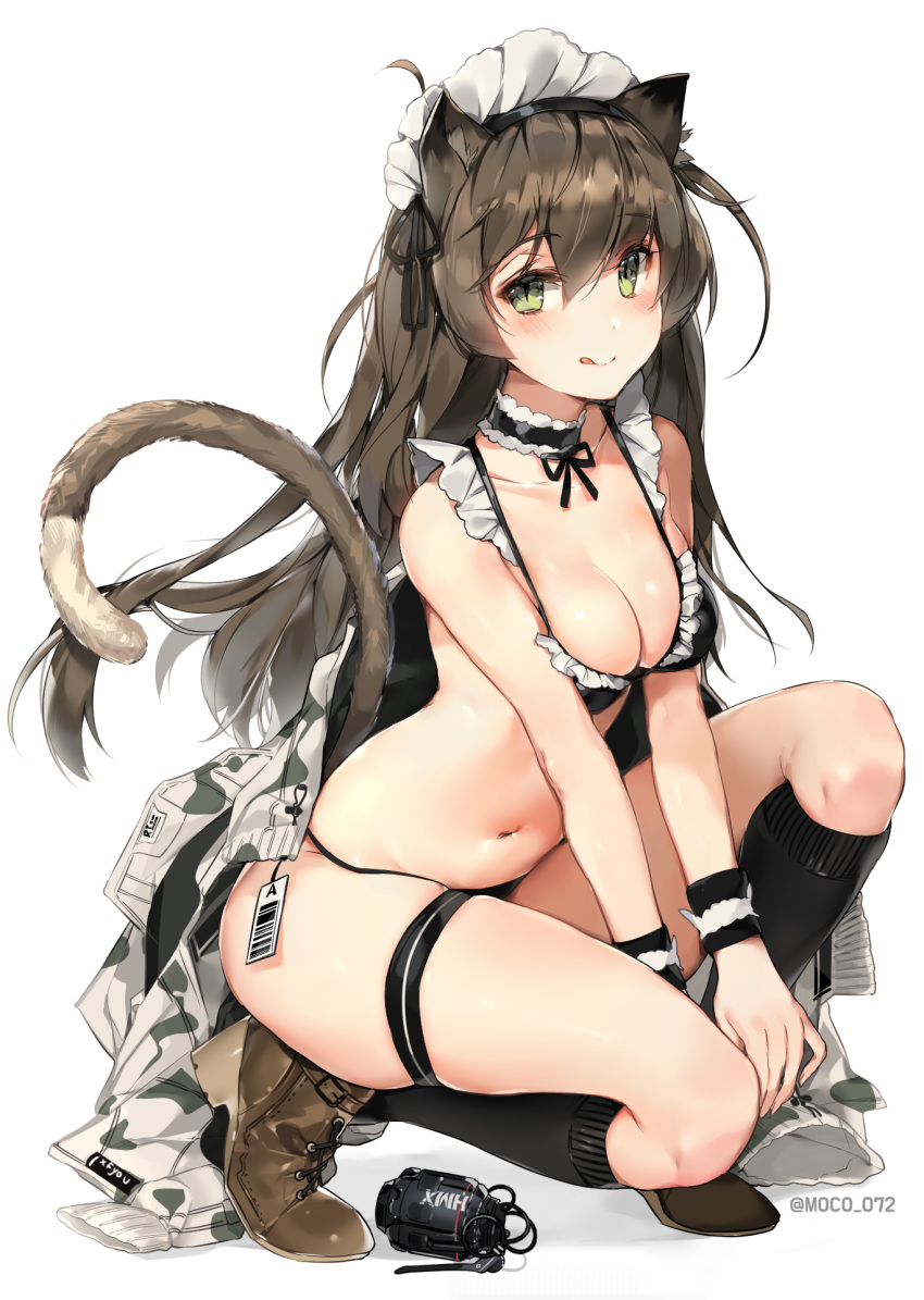 1girl :q animal_ears bangs bare_arms bare_shoulders bikini black_bikini black_choker black_legwear blush boots bow breasts brown_footwear brown_hair camouflage camouflage_jacket cat_ears cat_girl cat_tail choker cleavage collarbone explosive eyebrows_visible_through_hair frilled_bikini frills full_body green_eyes grenade highres jacket jacket_removed knee_up kneehighs licking_lips long_hair long_sleeves looking_at_viewer maid_bikini maid_headdress medium_breasts navel one_side_up onew original shadow simple_background skindentation slit_pupils smile squatting stomach swimsuit tag tail thigh_strap thighs tongue tongue_out twitter_username white_background wristband