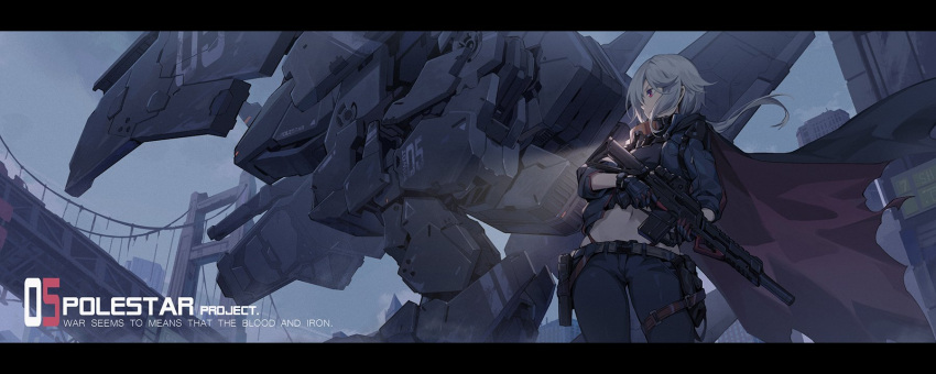 1girl assault_rifle bridge cape chinese_commentary commentary_request english_text engrish_text gloves goggles goggles_around_neck gun handgun highleg highleg_panties highres holding holding_gun holding_weapon holstered_weapon letterboxed long_image mecha midriff navel nian original outdoors panties pistol ponytail ranguage red_eyes rifle silver_hair solo suppressor underwear weapon wide_image
