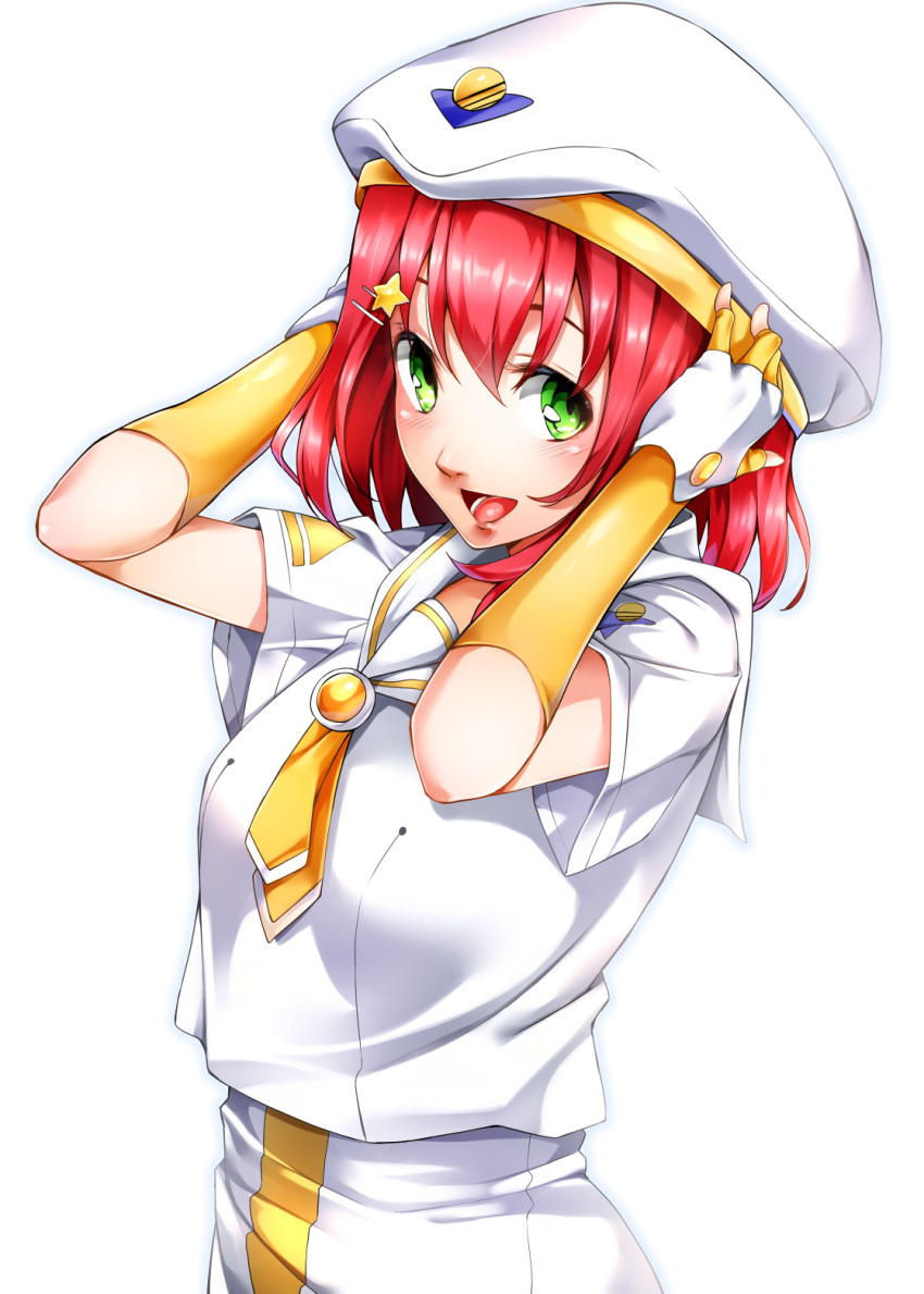 1girl elbow_gloves fingerless_gloves gloves green_eyes hat highres imo_(evekelu-111) kurosawa_ruby looking_at_viewer love_live! love_live!_sunshine!! redhead shiny shiny_hair shirt short_hair short_sleeves simple_background skirt solo standing upper_body white_background white_headwear white_shirt white_skirt yellow_gloves