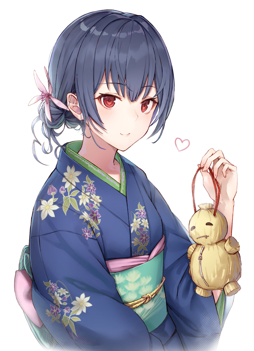 1girl bangs black_cola blue_hair blue_kimono blush closed_mouth doll eyebrows_visible_through_hair floral_print flower hair_flower hair_ornament heart highres idolmaster idolmaster_shiny_colors japanese_clothes kimono long_sleeves looking_at_viewer morino_rinze obi red_eyes sash short_hair simple_background smile solo straw_doll upper_body white_background zipper