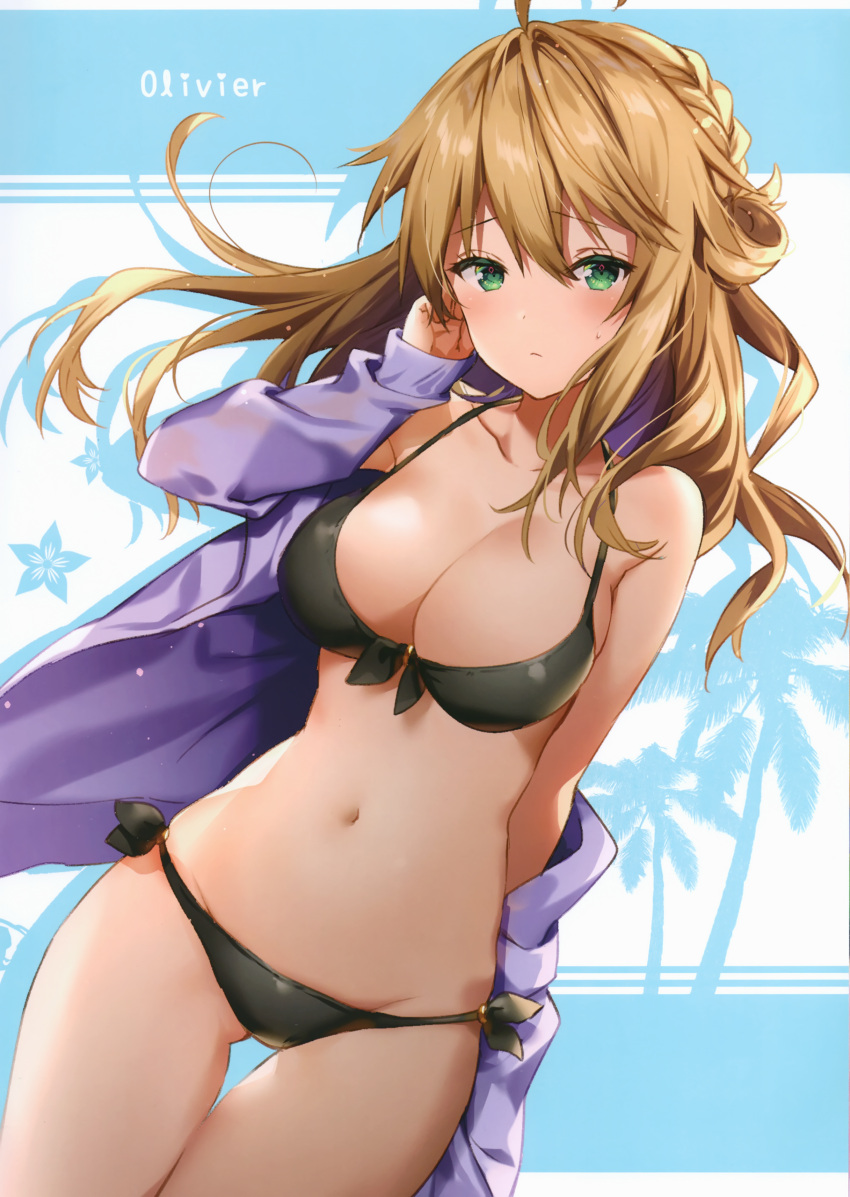 1girl absurdres bangs bare_shoulders bikini black_bikini blonde_hair blush breasts character_name cleavage closed_mouth collarbone eyebrows_visible_through_hair green_eyes hand_up highres jacket large_breasts long_hair long_sleeves looking_at_viewer navel off_shoulder original riichu scan shiny shiny_clothes shiny_hair shiny_skin simple_background solo stomach swimsuit