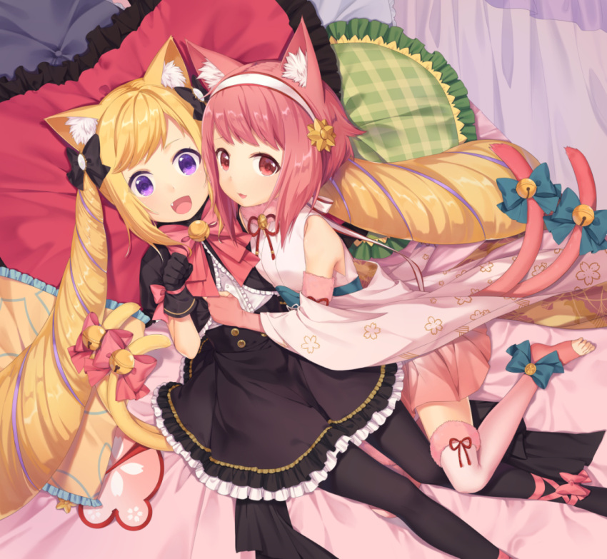 2girls :d animal_ear_fluff animal_ears bangs bed_sheet bell black_bow black_gloves black_jacket black_legwear black_skirt blonde_hair blue_bow blush bow cat_ears cat_girl cat_tail center_frills elbow_gloves elise_(fire_emblem_if) fang fingerless_gloves fire_emblem fire_emblem_if floral_print frilled_pillow frilled_skirt frills fur-trimmed_legwear fur_trim gloves hair_bow hair_ornament hairband jacket japanese_clothes jingle_bell kemonomimi_mode kimono long_hair looking_at_viewer multicolored_hair multiple_girls multiple_tails nintendo obi on_bed open_mouth pantyhose paw_pose pillow pink_bow pink_gloves pink_hair pink_kimono pink_legwear puffy_short_sleeves puffy_sleeves purple_hair red_eyes redhead sakura_(fire_emblem_if) sash shirt short_hair short_sleeves sidelocks skirt smile streaked_hair swept_bangs tail tail_bell tail_bow thigh-highs toeless_legwear transistor twintails two_tails very_long_hair violet_eyes white_hairband white_shirt