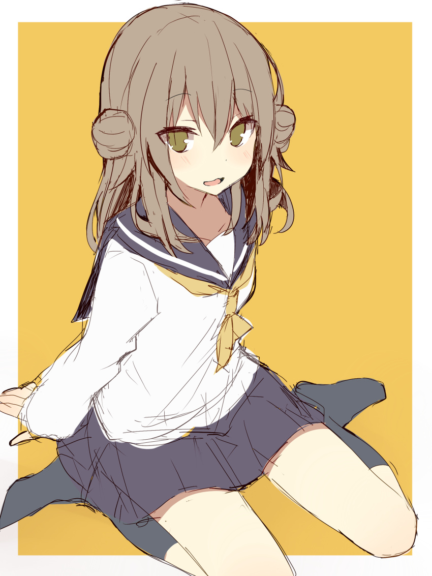 1girl :d absurdres bangs black_legwear black_sailor_collar black_skirt blush brown_eyes brown_hair double_bun eyebrows_visible_through_hair hair_between_eyes highres kneehighs komomo_(ptkrx) long_hair long_sleeves looking_at_viewer neckerchief no_shoes open_mouth orange_background original pleated_skirt sailor_collar school_uniform serafuku shirt side_bun sitting sketch skirt sleeves_past_wrists smile solo two-tone_background wariza white_background white_shirt yellow_neckwear