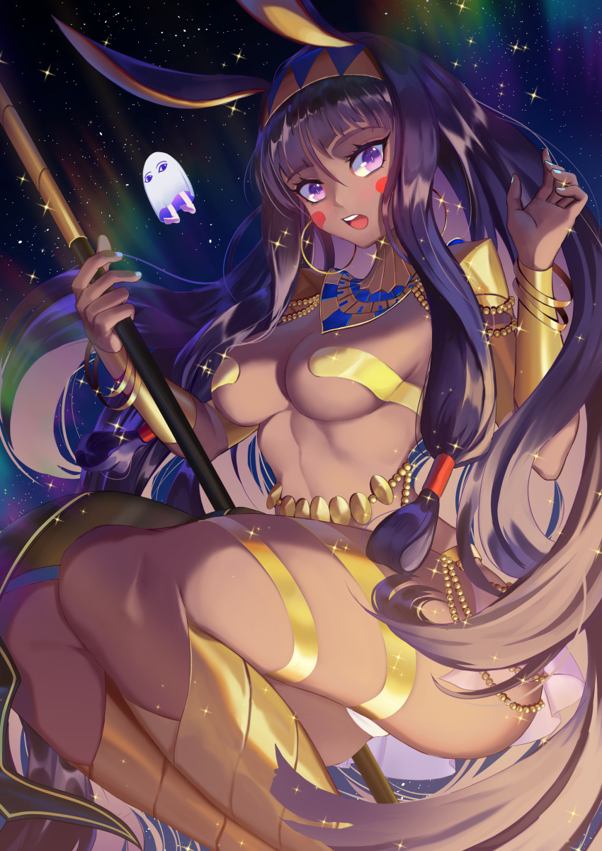 1girl absurdres animal_ears arm_guards armlet ass bangs bare_shoulders belly_chain blunt_bangs blush boots bracelet breasts capitan_wei chains dark_skin earrings egyptian egyptian_clothes facepaint facial_mark fate/grand_order fate_(series) hair_between_eyes hair_tubes hairband highres hoop_earrings jackal_ears jewelry knee_boots long_hair looking_at_viewer medium_breasts medjed night night_sky nitocris_(fate/grand_order) open_mouth pauldrons purple_hair revealing_clothes sidelocks sky sparkle staff thighlet thighs usekh_collar very_long_hair violet_eyes