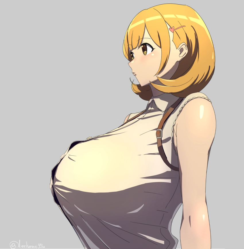 1girl bare_shoulders blonde_hair blush breasts brown_eyes bursting_breasts button_gap collared_shirt commentary_request eyebrows eyebrows_visible_through_hair eyelashes female from_side grey_background hair_ornament hairclip heart highres huge_breasts large_breasts narusawa_ryouka occultic;nine shirt short_hair simple_background sleeveless sleeveless_shirt solo strap user_ywru4775