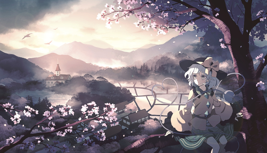 1girl bangs bird black_headwear bow building cherry_blossoms clouds colored_eyelashes commentary_request dise feet_out_of_frame frilled_shirt_collar frilled_sleeves frills green_eyes green_skirt hat hat_bow heart heart_of_string highres house komeiji_koishi long_sleeves mountain outdoors rice_paddy scenery shirt short_hair silver_hair sitting skirt smile solo third_eye torii touhou tree wide_sleeves yellow_bow yellow_shirt