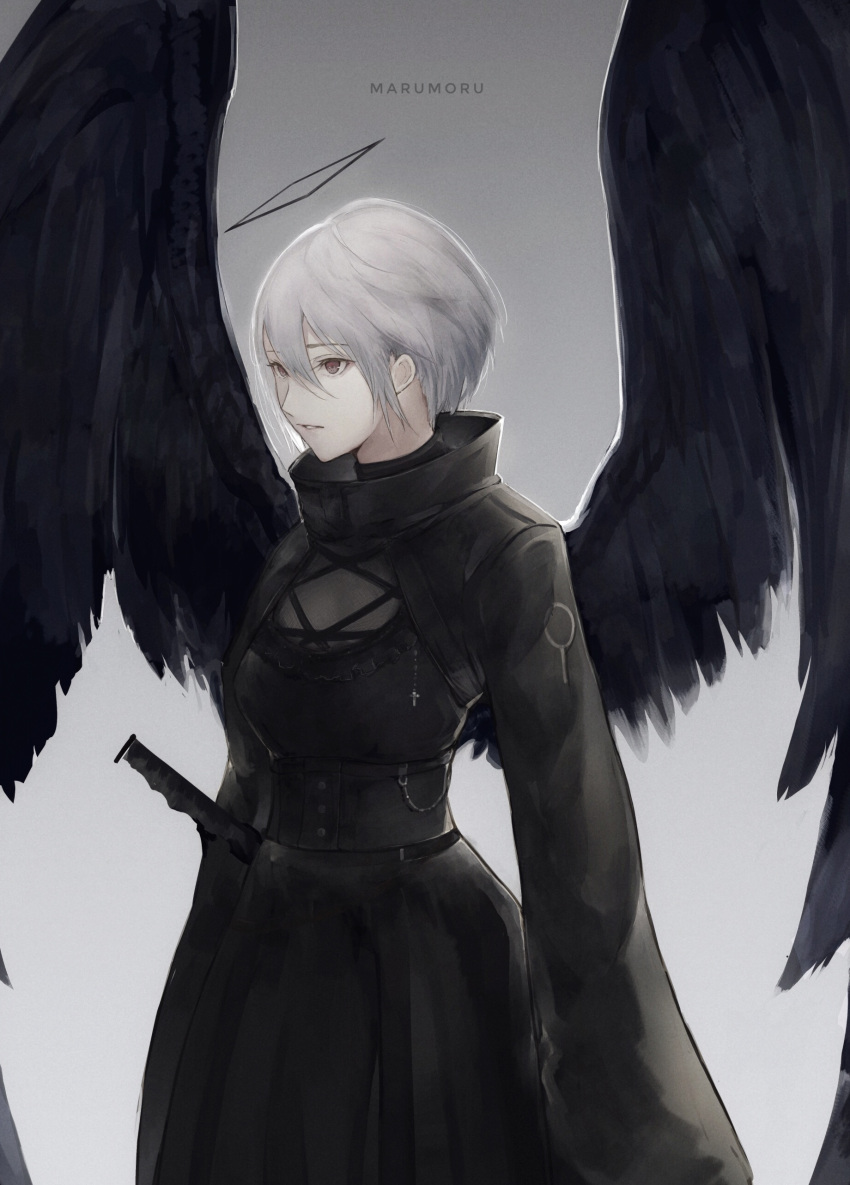 1girl absurdres artist_name bangs black_dress black_wings breasts brown_eyes commentary_request dress eyebrows_visible_through_hair feathered_wings grey_background grey_hair hair_between_eyes high_collar highres looking_away marumoru original parted_lips simple_background small_breasts solo sword weapon wings