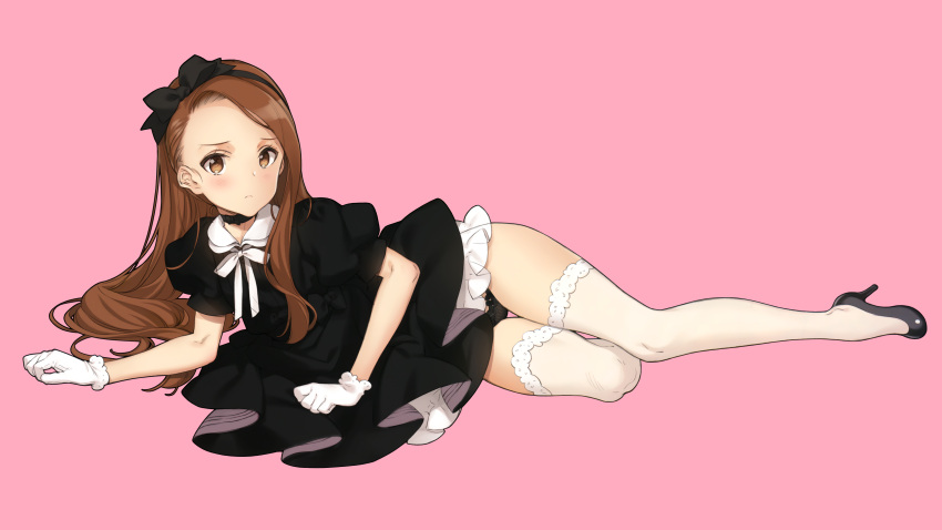 1girl absurdres bangs black_dress black_panties blush bow brown_eyes brown_hair choker closed_mouth dress frown full_body gloves hair_bow hair_ribbon hairband high_heels highres idolmaster idolmaster_(classic) long_hair looking_at_viewer lying minase_iori on_side ooyari_ashito panties parted_bangs pink_background ribbon ribbon_choker scan simple_background single_sidelock solo stitched thigh-highs thigh_gap third-party_edit underwear white_gloves white_legwear