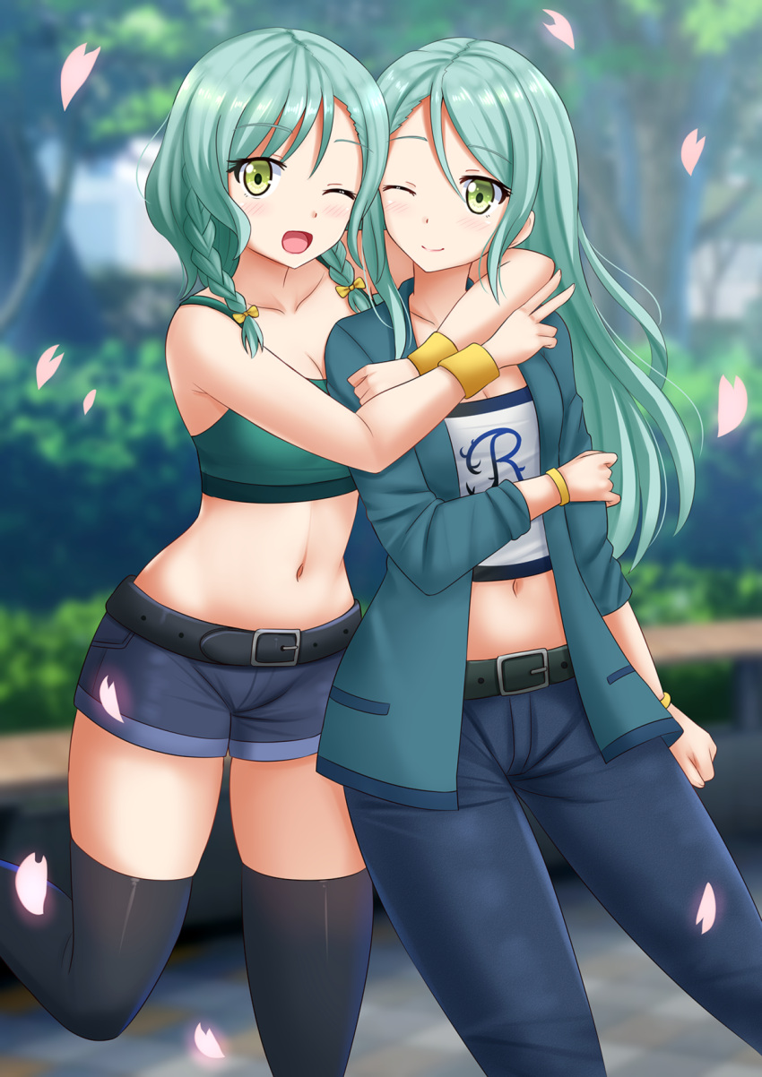 2girls ;) ;d bang_dream! bangs belt belt_buckle black_belt black_legwear blue_pants blue_shorts blurry blurry_background blush bow braid breasts buckle cleavage collarbone commentary crop_top day depth_of_field english_commentary eyebrows_visible_through_hair fingernails green_eyes green_hair green_jacket hair_bow highres hikawa_hina hikawa_sayo hug jacket kazenokaze long_hair midriff multiple_girls navel one_eye_closed open_clothes open_jacket open_mouth outdoors pants petals shirt short_shorts shorts siblings side_braids sisters small_breasts smile standing standing_on_one_leg thigh-highs tree twin_braids v very_long_hair white_shirt wristband yellow_bow