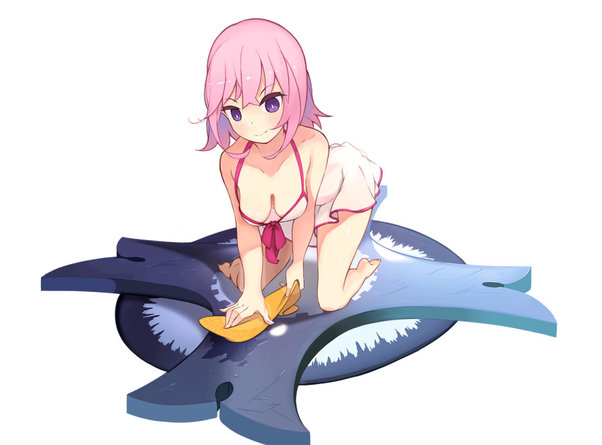 1girl bare_shoulders bow breasts casual_one-piece_swimsuit cleavage closed_mouth collarbone fate/grand_order fate_(series) full_body kneeling looking_at_viewer mash_kyrielight medium_breasts one-piece_swimsuit pink_bow pink_hair shield short_hair smile soar solo swimsuit swimsuit_of_perpetual_summer thighs violet_eyes white_background white_swimsuit