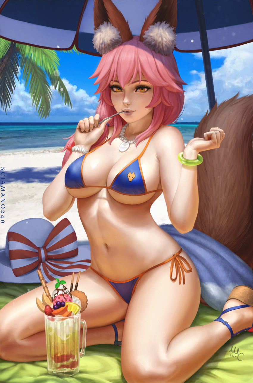 1girl absurdres animal_ear_fluff animal_ears artist_name bangs bare_shoulders beach bikini blue_bikini blue_sky blush bow bracelet breasts cleavage clouds day drinking_straw fate/extra fate/grand_order fate_(series) food fox_ears fox_girl fox_tail fruit glass highres jewelry looking_at_viewer navel necklace ocean outdoors paid_reward palm_tree patreon_reward pink_hair sciamano240 short_hair sky striped striped_bow summer swimsuit tail tamamo_(fate)_(all) tamamo_no_mae_(swimsuit_lancer)_(fate) tree yellow_eyes