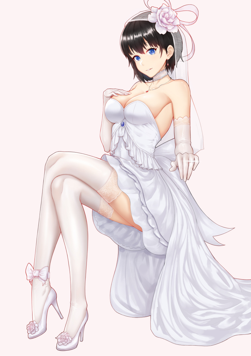 1girl absurdres ankle_ribbon bangs bare_shoulders bbdaoa_(1446759744) black_hair blue_eyes bow breasts bridal_veil choker collarbone dress earrings elbow_gloves flower frilled_dress frills gloves hand_on_breast hand_up head_tilt high_heels highres jewelry lace lace-trimmed_gloves lace-trimmed_legwear legs_crossed looking_at_viewer medium_breasts necklace original parted_lips ribbon ring shiny shiny_clothes short_hair simple_background sitting sleeveless sleeveless_dress solo thigh-highs veil wedding_dress wedding_ring white_dress white_gloves white_legwear