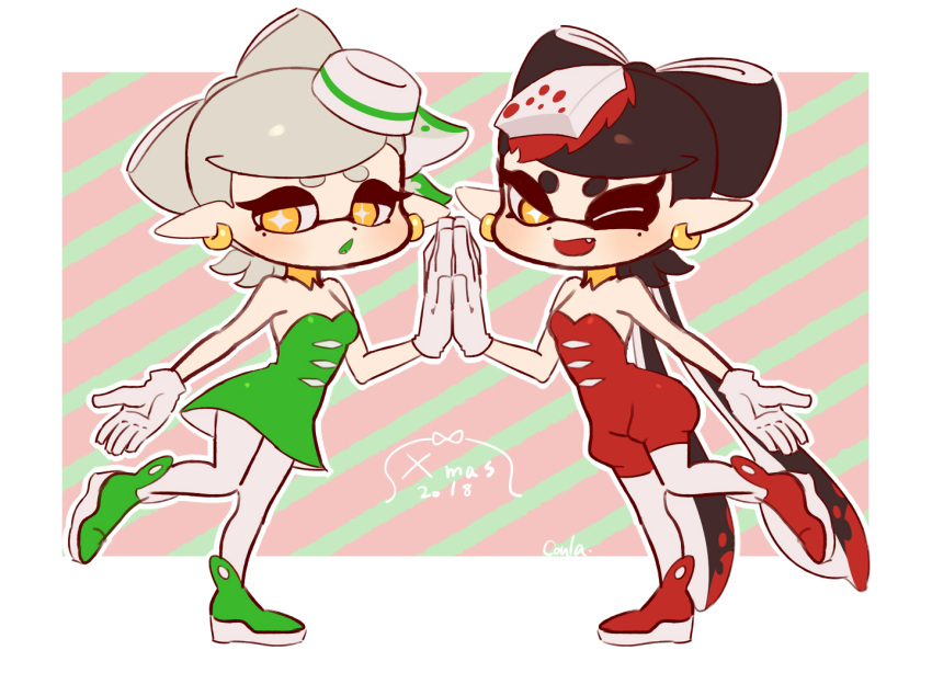 +_+ 2018 2girls ;d alternate_color ankle_boots aori_(splatoon) bare_shoulders boots breasts coula_cat cousins detached_sleeves domino_mask dress earrings food food_on_head full_body gloves green_dress green_footwear green_hair hair_rings hotaru_(splatoon) jewelry leg_up long_hair looking_at_viewer mask mole mole_under_eye multicolored_hair multiple_girls object_on_head one_eye_closed open_mouth pantyhose pointy_ears red_footwear red_jumpsuit redhead short_dress short_hair short_jumpsuit silver_hair small_breasts smile splatoon splatoon_(series) splatoon_1 strapless strapless_dress symbol-shaped_pupils tentacle_hair two-tone_hair very_long_hair white_gloves white_legwear yellow_eyes