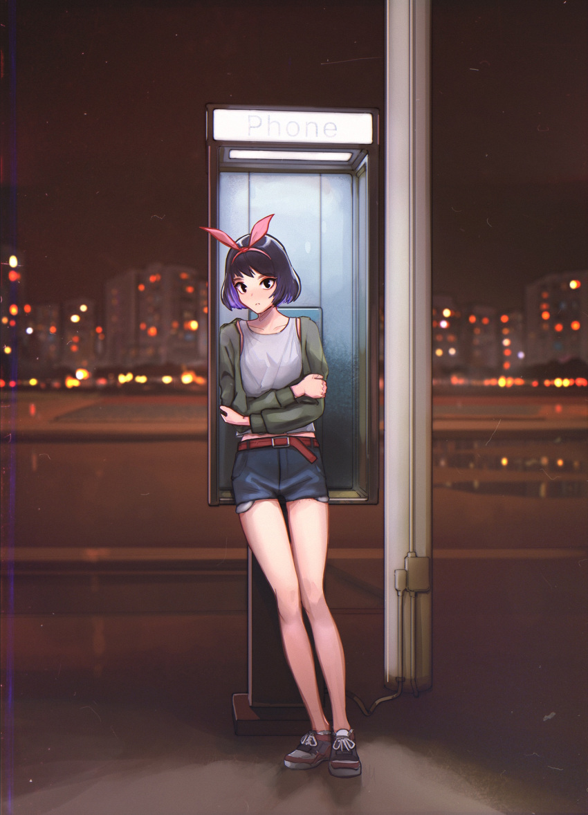 1girl blue_eyes city_lights cityscape closed_mouth commentary crossed_arms english_commentary english_text full_body hair_ornament highres leaning_on_object long_sleeves looking_at_viewer mark_simonov night original outdoors phone_booth purple_hair shoes short_hair short_shorts shorts singlet skyline sneakers solo sweater