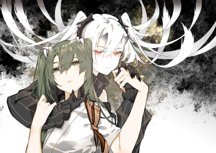 2girls abyssal_crane_hime commentary_request detached_sleeves gloves green_eyes green_hair hair_between_eyes hair_ribbon hand_holding hand_on_another's_chin horns japanese_clothes kantai_collection long_hair multiple_girls muneate nello_(luminous_darkness) red_eyes ribbon smile twintails white_hair white_ribbon zuikaku_(kantai_collection)