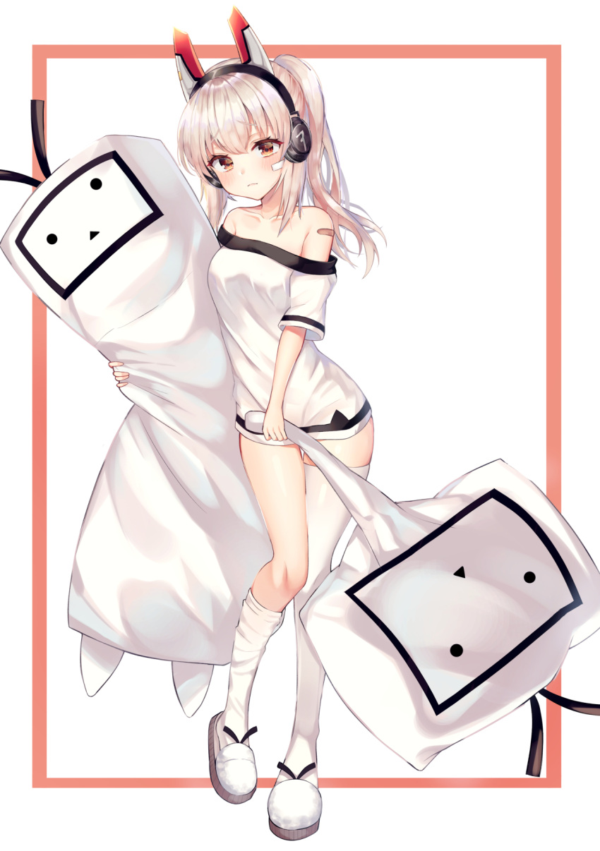 1girl asymmetrical_legwear ayanami_(azur_lane) azur_lane bandaid bandaid_on_face bandaid_on_shoulder bare_shoulders blush body_pillow border breasts collarbone embarrassed full_body headphones headpiece highres hinaki_(hinaki_0102) looking_at_viewer medium_breasts medium_hair niconico off_shoulder orange_eyes ponytail shirt short_sleeves sidelocks silver_hair simple_background single_thighhigh slippers socks solo standing tareme thigh-highs thighs white_background white_footwear white_legwear