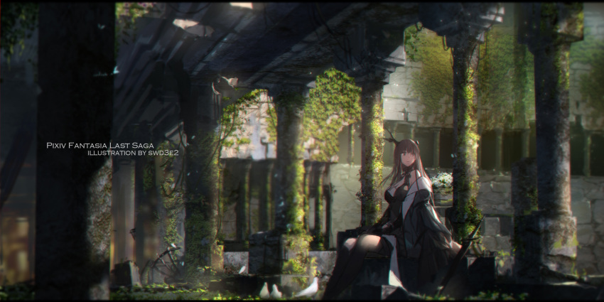 1girl animal artist_name bare_shoulders bird black_dress black_jacket blurry broken_horn brown_eyes brown_hair commentary_request copyright_name day depth_of_field dress highres horns jacket letterboxed long_hair looking_away off_shoulder open_clothes open_jacket outdoors overgrown pantyhose pillar pixiv_fantasia pixiv_fantasia_last_saga planted_weapon scenery sitting solo swd3e2 sword weapon wide_shot