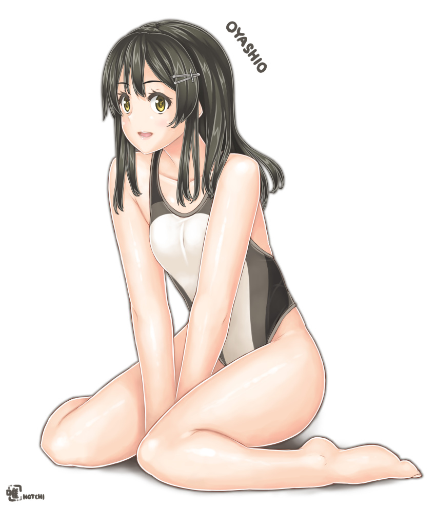1girl absurdres alternate_costume arms_between_legs artist_logo artist_name blue_eyes blush breasts character_name collarbone competition_swimsuit eyebrows_visible_through_hair hair_between_eyes highres kantai_collection lips long_hair looking_at_viewer notchi one-piece_swimsuit open_mouth oyashio_(kantai_collection) shadow simple_background sitting small_breasts smile solo swimsuit teeth wariza white_background white_swimsuit yellow_eyes