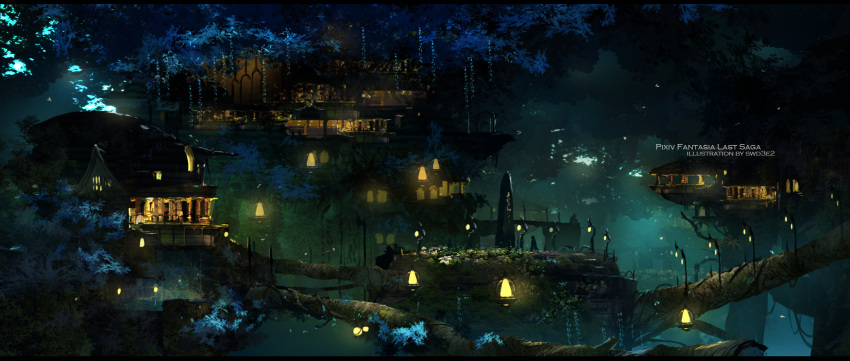 1other artist_name building commentary_request copyright_name dark fantasy forest highres house lamp lamppost letterboxed light light_particles nature night obelisk outdoors pixiv_fantasia pixiv_fantasia_last_saga scenery swd3e2 tree tree_branch very_wide_shot