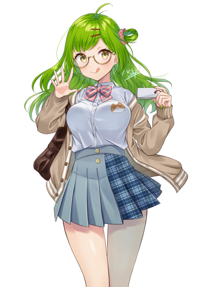 1girl :q antenna_hair blue_skirt blush bow bowtie breasts brown-framed_eyewear brown_cardigan buttons cardigan closed_mouth collared_shirt cowboy_shot drop_shadow glasses green_hair hair_ornament hair_rings hair_scrunchie hairclip hands_up haruyuki_14 highres holding large_breasts long_hair long_sleeves looking_at_viewer miniskirt off_shoulder open_cardigan open_clothes original pink_neckwear plaid plaid_skirt pleated_skirt school_uniform scrunchie semi-rimless_eyewear shirt shirt_tucked_in simple_background skirt smile solo standing striped striped_neckwear tag thighs tongue tongue_out under-rim_eyewear white_background white_shirt yellow_eyes