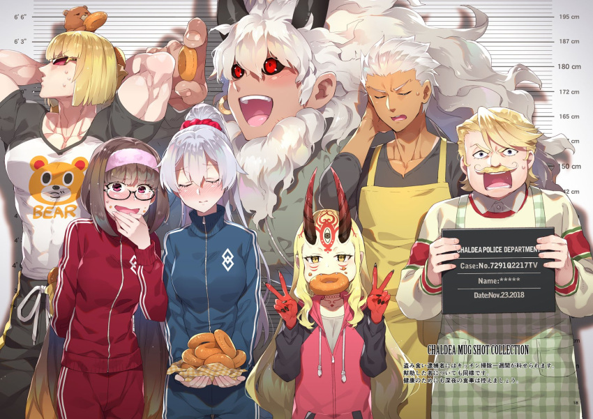 3girls 5boys apron archer asterios_(fate/grand_order) black_sclera blonde_hair blush closed_eyes doughnut embarrassed exasperation eyebrows_visible_through_hair facial_mark fate/grand_order fate_(series) fingernails food goldorf_musik height_chart highres holding holding_sign horns ibaraki_douji_(fate/grand_order) jacket lineup long_hair multiple_boys multiple_girls muscle oni_horns orion_(fate/grand_order) osakabe-hime_(fate/grand_order) ponytail red_eyes redrop sakata_kintoki_(fate/grand_order) scrunchie sharp_fingernails short_hair sign stuffed_animal stuffed_toy sunglasses sweat sweatdrop teddy_bear tomoe_gozen_(fate/grand_order) track_jacket track_suit tsurime upswept_hair v very_long_hair white_hair yellow_eyes