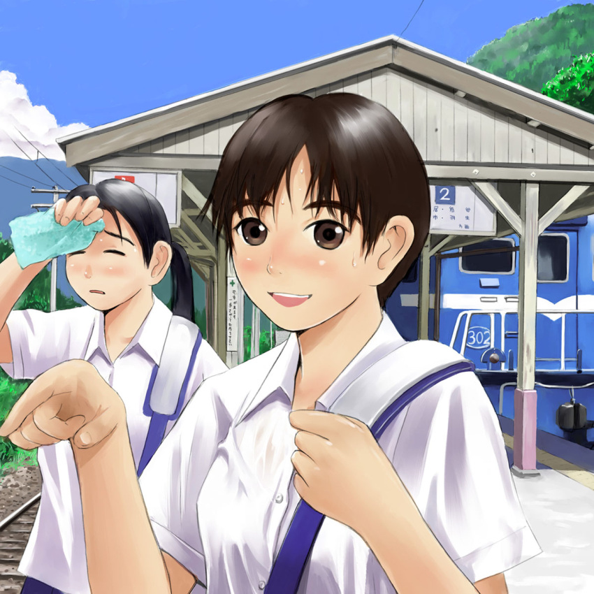 brown_eyes brown_hair highres kamimura mimura_kaoru original pointing ponytail short_hair sweat train train_station