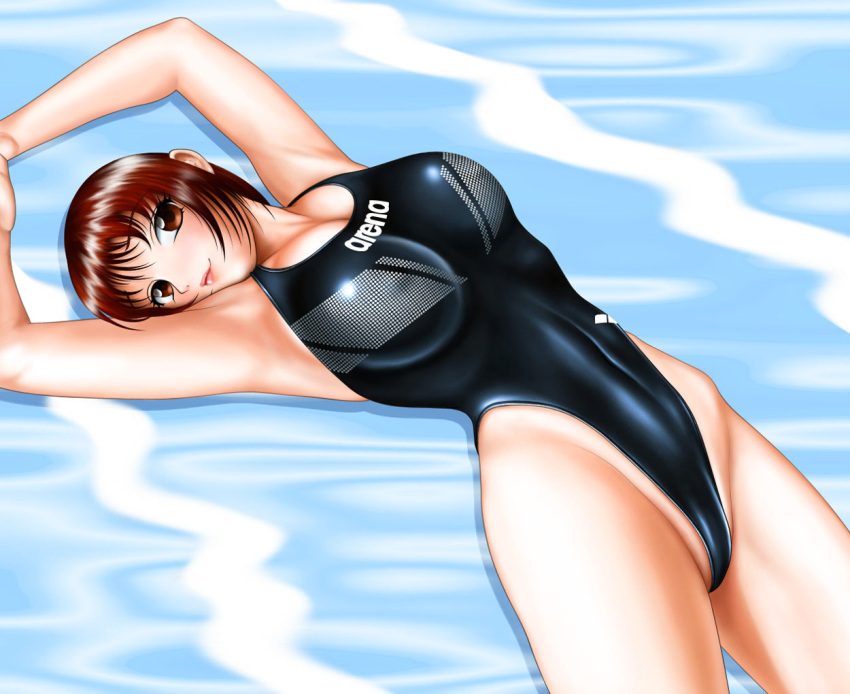 brown_hair competition_swimsuit erect_nipples highleg highleg_swimsuit highres lying one-piece_swimsuit short_hair swimsuit