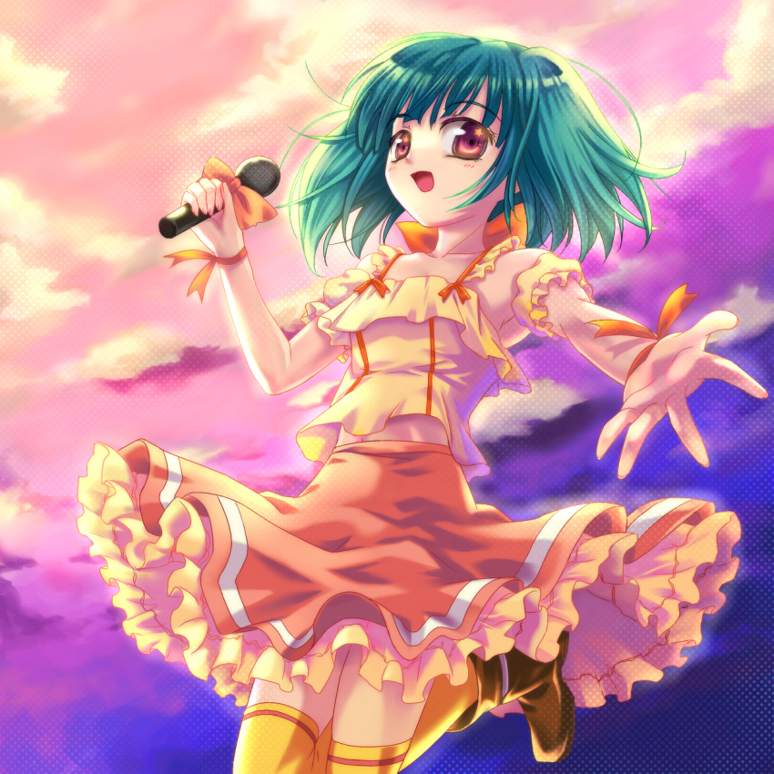 green_hair highres macross macross_frontier microphone ranka_lee ribbon short_hair singing thighhighs yaoto