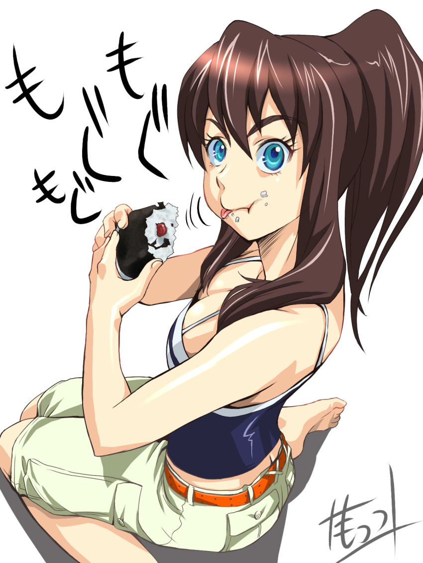 bad_id barefoot birdy_cephon_altirra birdy_the_mighty birdy_the_mighty_decode breasts cleavage down_blouse eating face foreshortening from_above hands highres mots onigiri tetsuwan_birdy tetsuwan_birdy_decode
