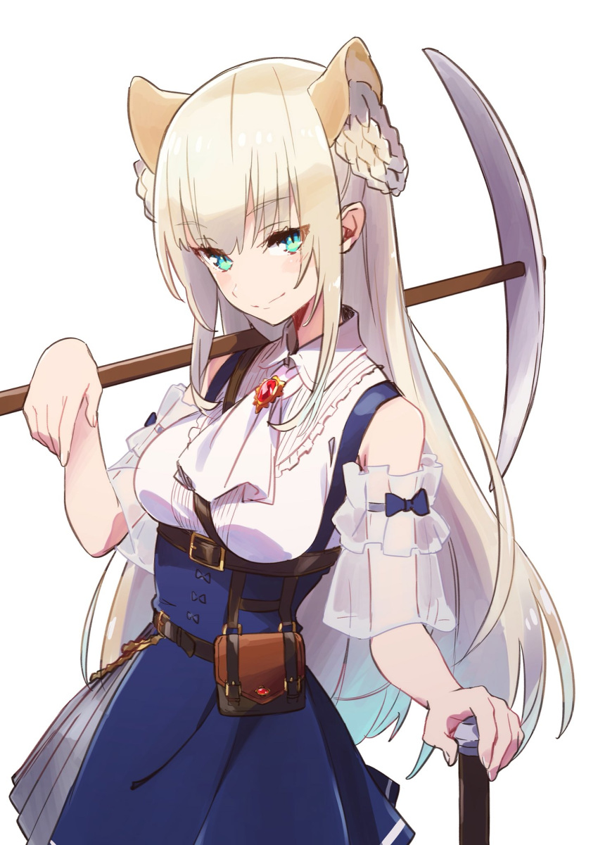 1girl animal_ears atelier_fraulein bangs belt blonde_hair blue_skirt braided_bun breasts brooch closed_mouth cowboy_shot double_bun eyebrows_visible_through_hair highres holding holding_pickaxe jewelry lion_ears long_hair looking_at_viewer medium_breasts pickaxe pouch see-through shido_lio shirt simple_background sketch skirt sleeveless smile solo standing tama_(tama-s) virtual_youtuber white_background white_shirt