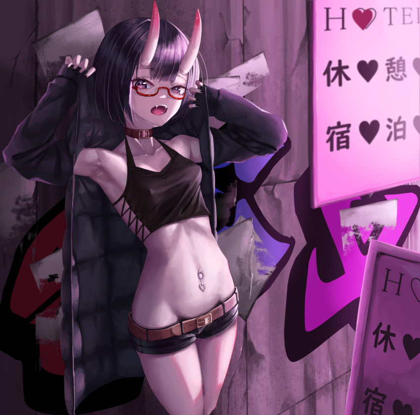 1girl :d absurdres against_wall alternate_costume armpits bangs belt black_jacket black_nails black_shorts breasts collarbone coller cowboy_shot crop_top erect_nipples fate/grand_order fate_(series) glasses groin heat highres horns jacket long_sleeves looking_at_viewer micro_shorts nail_polish navel navel_piercing nekobell open_clothes open_jacket open_mouth piercing purple_hair red-framed_eyewear saliva saliva_trail semi-rimless_eyewear short_hair shorts shuten_douji_(fate/grand_order) small_breasts smile solo standing under-rim_eyewear violet_eyes
