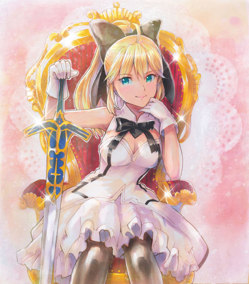 1girl absurdres ahoge artoria_pendragon_(all) black_bow black_legwear blonde_hair blue_eyes bow breasts china_dress chinese_clothes cleavage detached_collar dress excalibur eyebrows_visible_through_hair fate/unlimited_codes fate_(series) gloves hair_between_eyes hair_bow hand_on_hilt high_ponytail highres large_breasts long_hair looking_at_viewer marker_(medium) mayo_riyo medium_breasts medium_skirt pantyhose saber_lily shiny shiny_hair sitting skirt sleeveless smile solo sparkle strapless traditional_media white_gloves white_skirt
