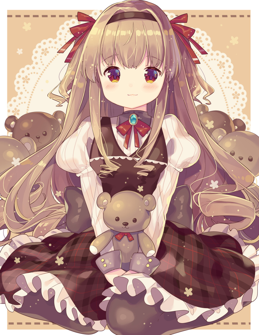 1girl :3 absurdres bangs blush bow brooch brown_background brown_eyes brown_hair brown_hairband brown_legwear brown_skirt brown_vest closed_mouth commentary_request doily dotted_line eyebrows_visible_through_hair frilled_skirt frills hair_between_eyes hair_bow hairband highres ikari_(aor3507) jewelry juliet_sleeves long_hair long_sleeves looking_at_viewer original pantyhose plaid plaid_skirt puffy_sleeves red_bow ribbed_shirt shirt sitting skirt smile solo stuffed_animal stuffed_toy teddy_bear two-tone_background two_side_up v_arms very_long_hair vest wariza white_background white_shirt