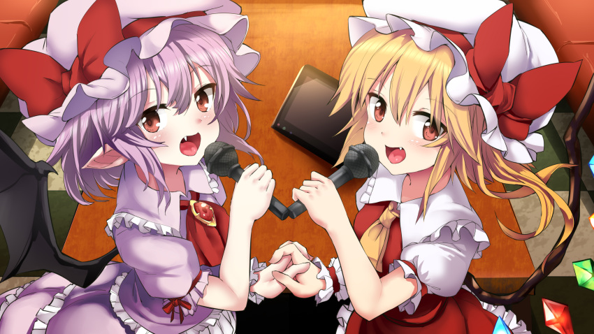 2girls absurdres ascot bangs bat_wings black_wings blonde_hair blush bow brooch brown_eyes checkered checkered_floor collared_shirt commentary_request crystal eyebrows_visible_through_hair fang flandre_scarlet frilled_shirt_collar frilled_skirt frills hair_between_eyes hand_holding hat hat_bow highres holding holding_microphone indoors interlocked_fingers jewelry long_hair looking_at_viewer microphone mob_cap multiple_girls noa_(nagareboshi) one_side_up open_mouth pointy_ears puffy_short_sleeves puffy_sleeves purple_hair purple_headwear purple_shirt purple_skirt red_bow red_eyes red_neckwear red_skirt red_vest remilia_scarlet shirt short_sleeves siblings single_wrist_cuff sisters skirt table touhou vest white_headwear white_shirt wings wrist_cuffs yellow_neckwear