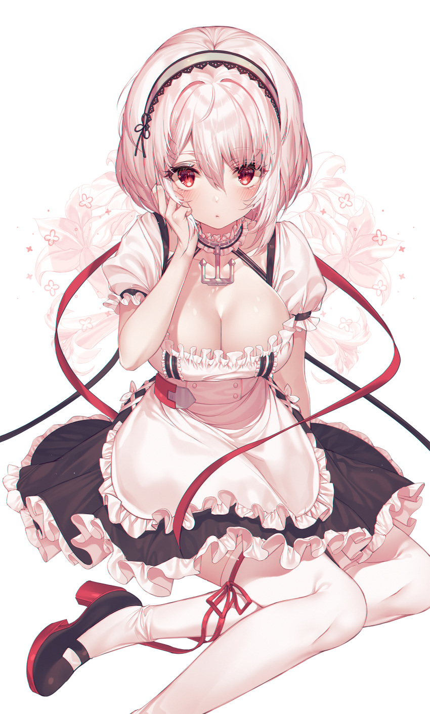 1girl absurdres anchor_choker apron azur_lane black_footwear blush breasts choker cleavage closed_mouth collarbone dress eyebrows_visible_through_hair eyelashes frilled_apron frilled_choker frilled_dress frills hair_between_eyes hand_in_hair hand_up high_heels highres kinty lace-trimmed_hairband large_breasts legs looking_at_viewer maid maid_apron puffy_sleeves red_eyes red_ribbon ribbon ribbon-trimmed_legwear ribbon_trim short_hair short_sleeves sidelocks silver_hair simple_background sirius_(azur_lane) sitting solo thigh-highs waist_apron white_apron white_background white_legwear