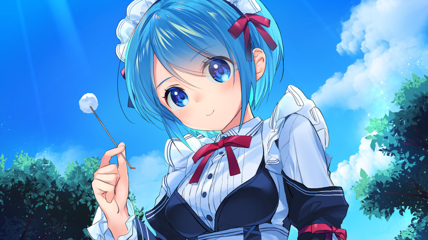 1girl blue_eyes blue_hair blue_sky blush clouds day maid maid_headdress mimikaki mochiko_kagamino official_art original outdoors red_ribbon ribbon short_hair sky smile solo tree upper_body