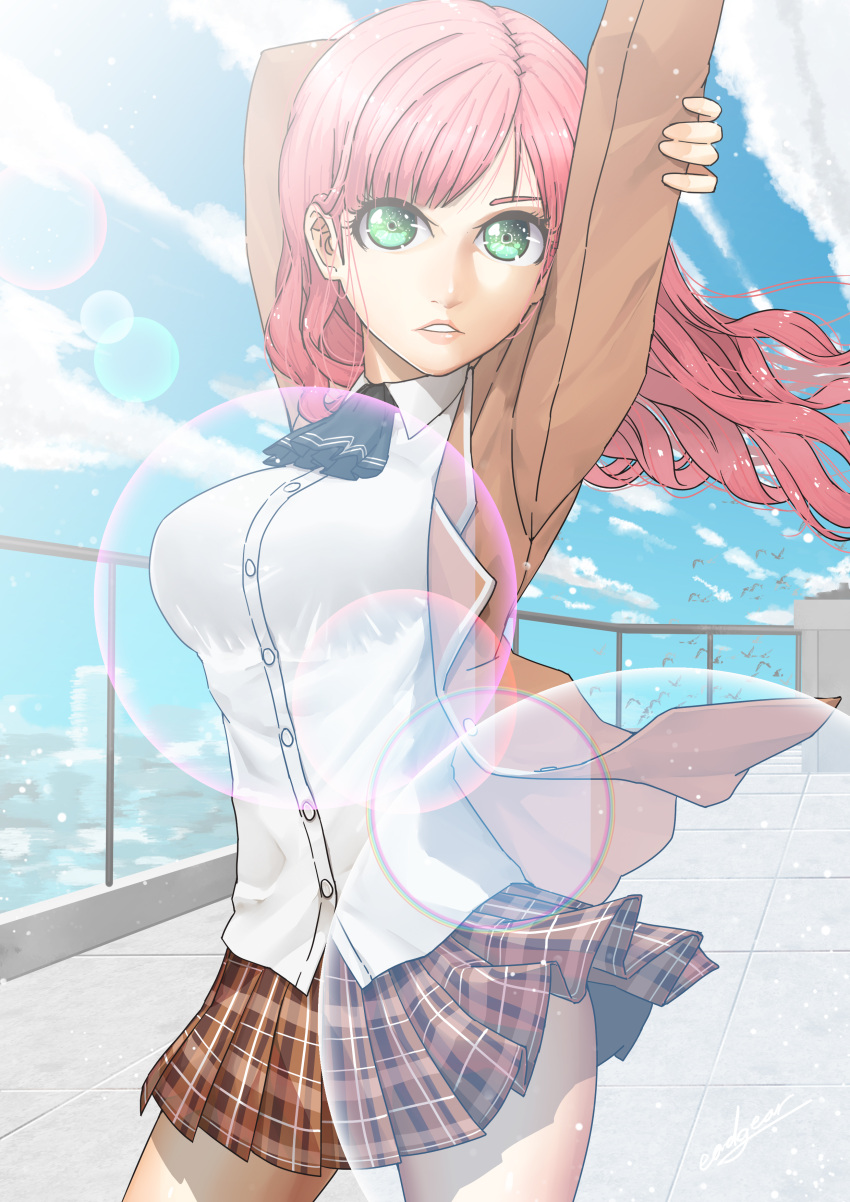 1girl absurdres arms_up bird blue_sky breasts brown_jacket clouds contrapposto cravat dutch_angle eadgear fence green_eyes highres jacket large_breasts lens_flare moe2019 original pink_hair plaid plaid_skirt rooftop school_uniform shirt skirt sky stretch uniform wavy_hair white_shirt wind wind_lift