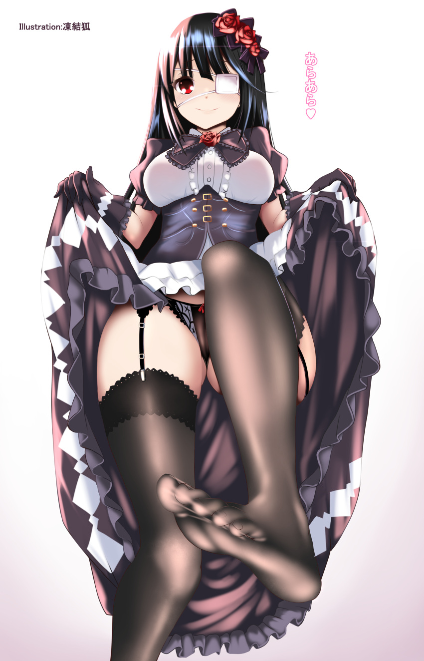 1girl absurdres ass black_hair black_panties breasts commentary date_a_live dress dress_lift english_commentary eyepatch feet flower garter_straps gloves hair_flower hair_ornament highres incro300 lifted_by_self lolita_fashion long_hair medium_breasts panties red_eyes smile solo thigh-highs thighs toes tokisaki_kurumi translation_request underwear upskirt very_long_hair