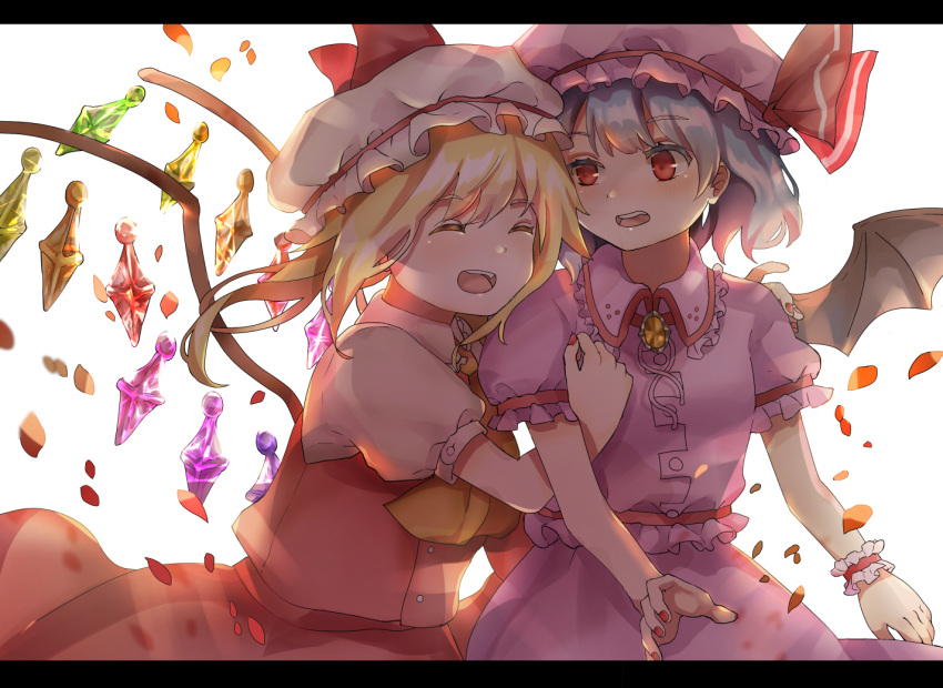 2girls arm_hug bat_wings blonde_hair blouse blue_eyes breasts brooch closed_eyes crystal flandre_scarlet hat hat_ribbon head_on_another's_shoulder jewelry letterboxed looking_at_another mob_cap multiple_girls nail_polish open_mouth petals pink_blouse pink_headwear pink_skirt piyo_(sqn2idm751) puffy_short_sleeves puffy_sleeves red_nails red_skirt red_vest redhead remilia_scarlet ribbon shadow shiny shiny_hair shirt short_hair short_sleeves siblings side_ponytail simple_background sisters skirt small_breasts touhou upper_body upper_teeth vest white_background white_headwear white_shirt wings wrist_cuffs