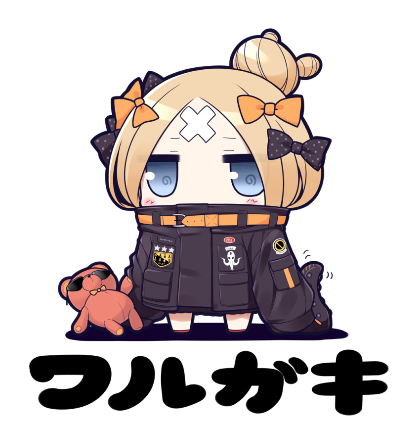 1girl abigail_williams_(fate/grand_order) bandage bangs blonde_hair blue_eyes blush bow chibi fate/grand_order fate_(series) hair_bow hair_bun heroic_spirit_traveling_outfit jacket jitome looking_at_viewer naturalton parted_bangs sleeves_past_fingers sleeves_past_wrists solo stuffed_animal stuffed_toy teddy_bear tentacle