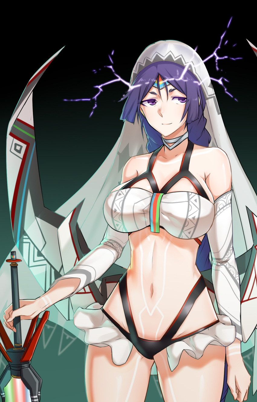 1girl altera_(fate) altera_(fate)_(cosplay) bangs bikini bodypaint breasts choker cosplay detached_sleeves electricity facing_viewer fate_(series) forehead_protector fuuko_chan gradient gradient_background halterneck highres holding holding_weapon large_breasts long_hair looking_to_the_side low-tied_long_hair minamoto_no_raikou_(fate/grand_order) parted_bangs purple_hair showgirl_skirt smile solo standing swimsuit veil violet_eyes weapon