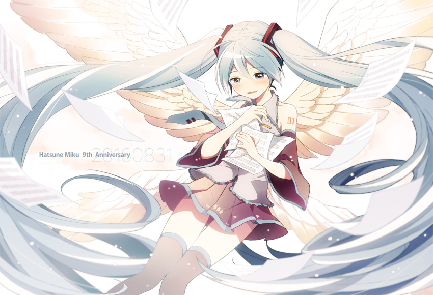 1girl 2016 angel_wings anniversary beige_background black_skirt blue_eyes blue_hair blurry blush character_name dated depth_of_field detached_sleeves eyebrows_visible_through_hair feathered_wings floating gradient gradient_background grey_shirt hands_on_own_chest hatsune_miku holding light_smile long_hair looking_down nokuhashi number_tattoo paper parted_lips sheet_music shirt shoulder_tattoo skirt skirt_lift sleeveless sleeveless_shirt solo tattoo thigh-highs thighs twintails very_long_hair vocaloid white_background wings