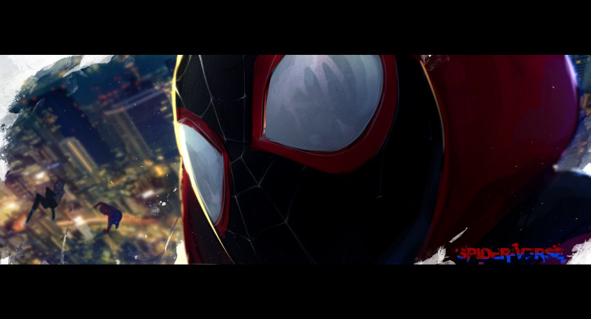 1girl 2boys blurry cityscape close-up copyright_name depth_of_field highres hood hood_up kashu_(hizake) letterboxed marvel multiple_boys silk spider-gwen spider-man spider-man:_into_the_spider-verse spider-man_(miles_morales) spider_web spider_web_print superhero symbol_commentary