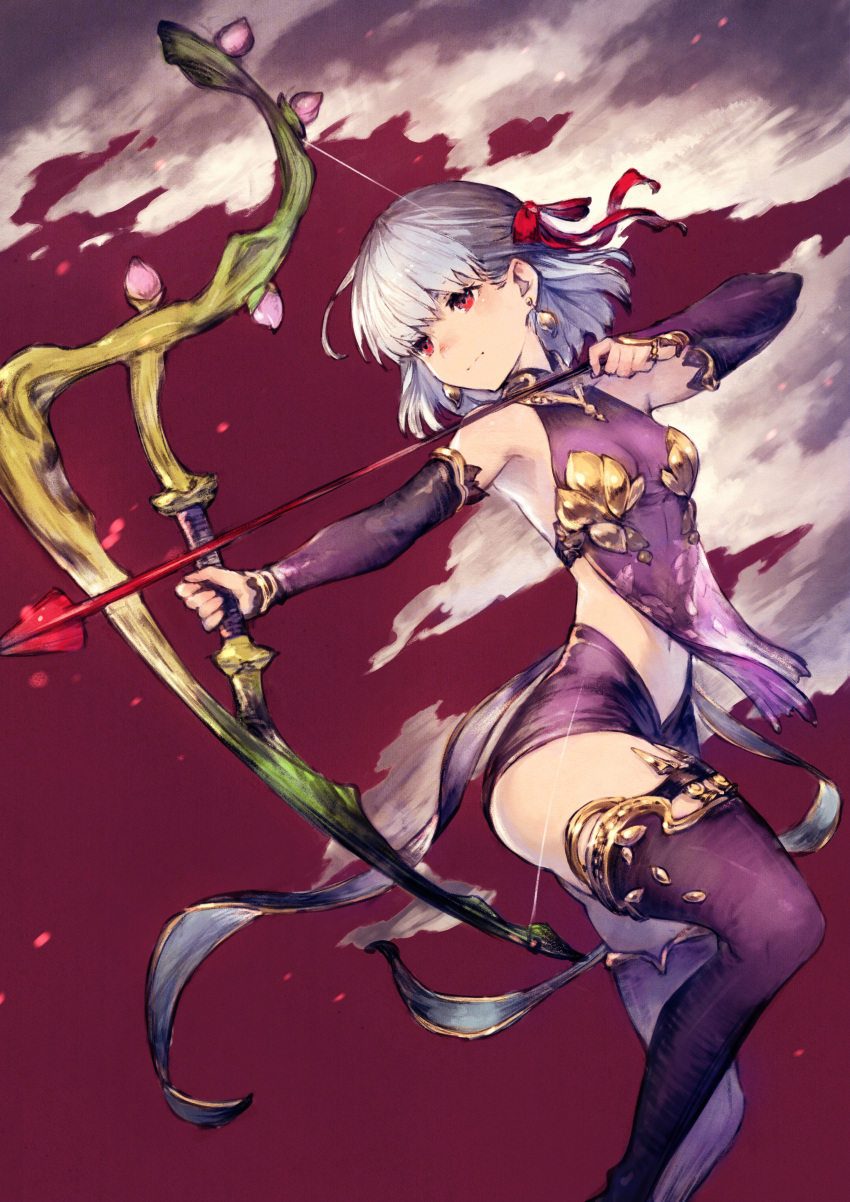 1girl absurdres aiming armpits arrow bare_shoulders blush bow_(weapon) breasts closed_mouth clouds commentary_request detached_sleeves earrings fate_(series) feet_out_of_frame hair_ribbon highres holding holding_bow_(weapon) holding_weapon huge_filesize jewelry kama_(fate/grand_order) kusano_shinta long_sleeves looking_to_the_side miniskirt navel purple_background purple_legwear purple_skirt red_eyes red_ribbon ribbon see-through see-through_silhouette short_hair silver_hair skirt small_breasts solo thigh-highs weapon