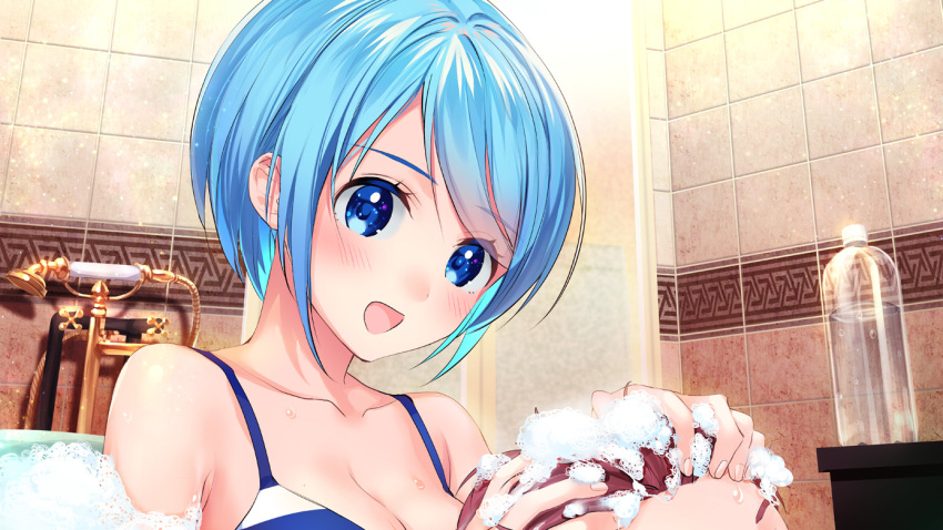 1girl :d bathtub bikini blue_eyes blue_hair blush bottle breasts brown_hair cleavage indoors looking_at_viewer massage medium_breasts mochiko_kagamino open_mouth shampoo short_hair shower_head smile soap_bubbles solo_focus swimsuit tiles valve