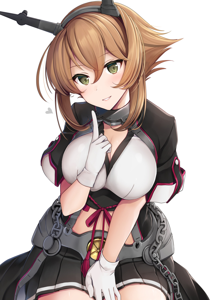 1girl absurdres bangs between_legs black_capelet black_skirt blush breasts brown_hair capelet chains cleavage collar commentary eyebrows_visible_through_hair gloves green_eyes hair_between_eyes hand_between_legs head_tilt headgear heart highres index_finger_raised kantai_collection large_breasts long_hair looking_at_viewer metal_belt metal_collar midriff mutsu_(kantai_collection) pleated_skirt remodel_(kantai_collection) short_hair shrug_(clothing) sidelocks simple_background sitting skirt sleeve_cuffs smile solo striped striped_skirt thigh-highs white_background white_gloves yunamaro