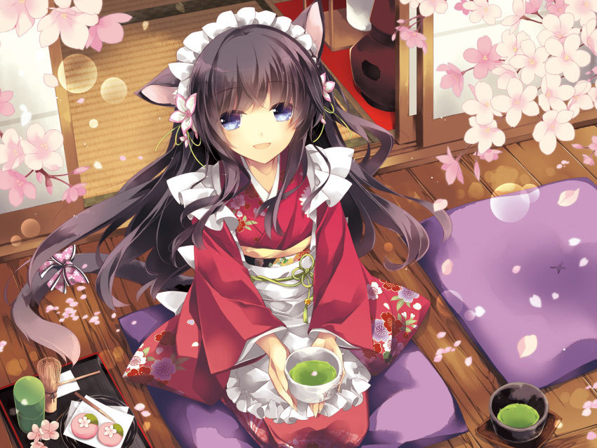 1girl :d animal_ears apron artist_request black_hair blue_eyes bow cat_ears cat_tail cherry_blossoms flower food from_above hair_flower hair_ornament japanese_clothes kimono looking_at_viewer maid_headdress open_mouth original pillow porch red_kimono seiza sitting smile solo tail tatami tea wagashi