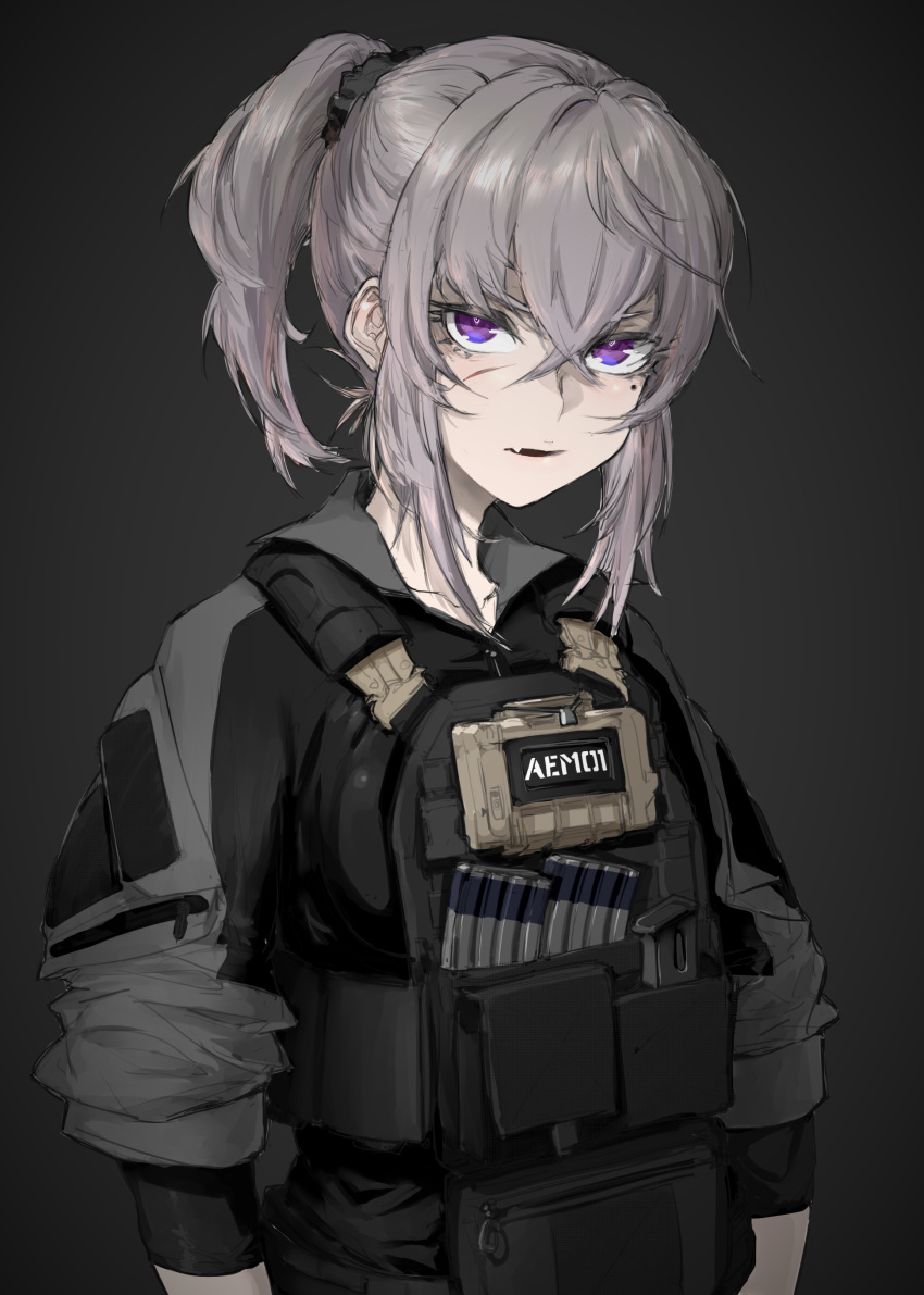 1girl absurdres alma01 bag bangs black_scrunchie body_armor brown_hair collarbone collared_jacket commentary_request cropped_torso eyebrows_behind_hair fang grey_background hair_between_eyes hair_ornament hair_scrunchie highres jacket looking_at_viewer magazine_(weapon) military military_operator military_uniform mole original plate_carrier ponytail satchel scrunchie short_sleeves sidelocks simple_background solo uniform upper_body violet_eyes