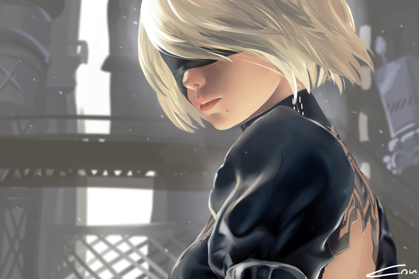 1girl absurdres artist_request back_cutout black_blindfold black_dress blindfold blurry breasts building closed_mouth covered_eyes depth_of_field dress drone facing_viewer highres juliet_sleeves light long_sleeves looking_to_the_side medium_breasts mole mole_under_mouth nier_(series) nier_automata outdoors pod_(nier_automata) puffy_sleeves short_hair signature solo turtleneck upper_body white_hair wind yorha_no._2_type_b